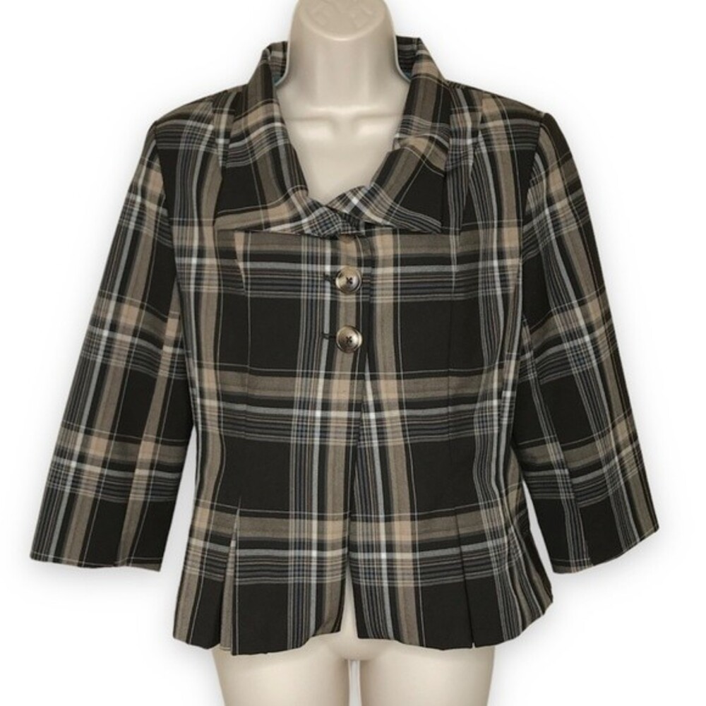 Isaac Mizrahi X Target Brown Teal Plaid 3/4 Sleeve Pleated Jacket Women Size 8